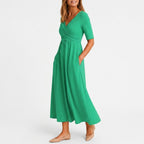 Women's Wedding Guest Midi Dress with V-Neck and Wrap Front