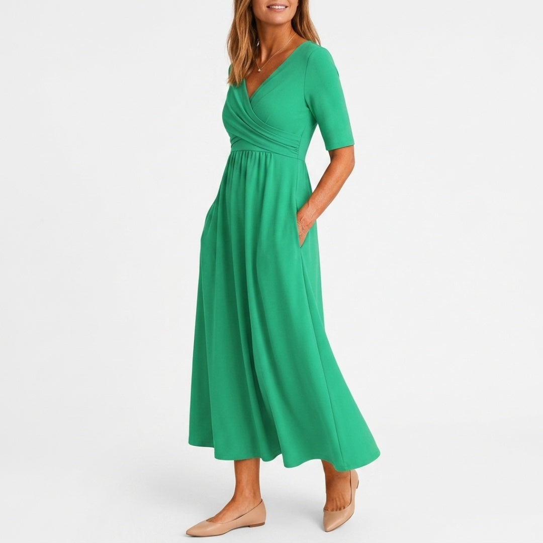 Women's Wedding Guest Midi Dress with V-Neck and Wrap Front