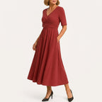 Women's Wedding Guest Midi Dress with V-Neck and Wrap Front