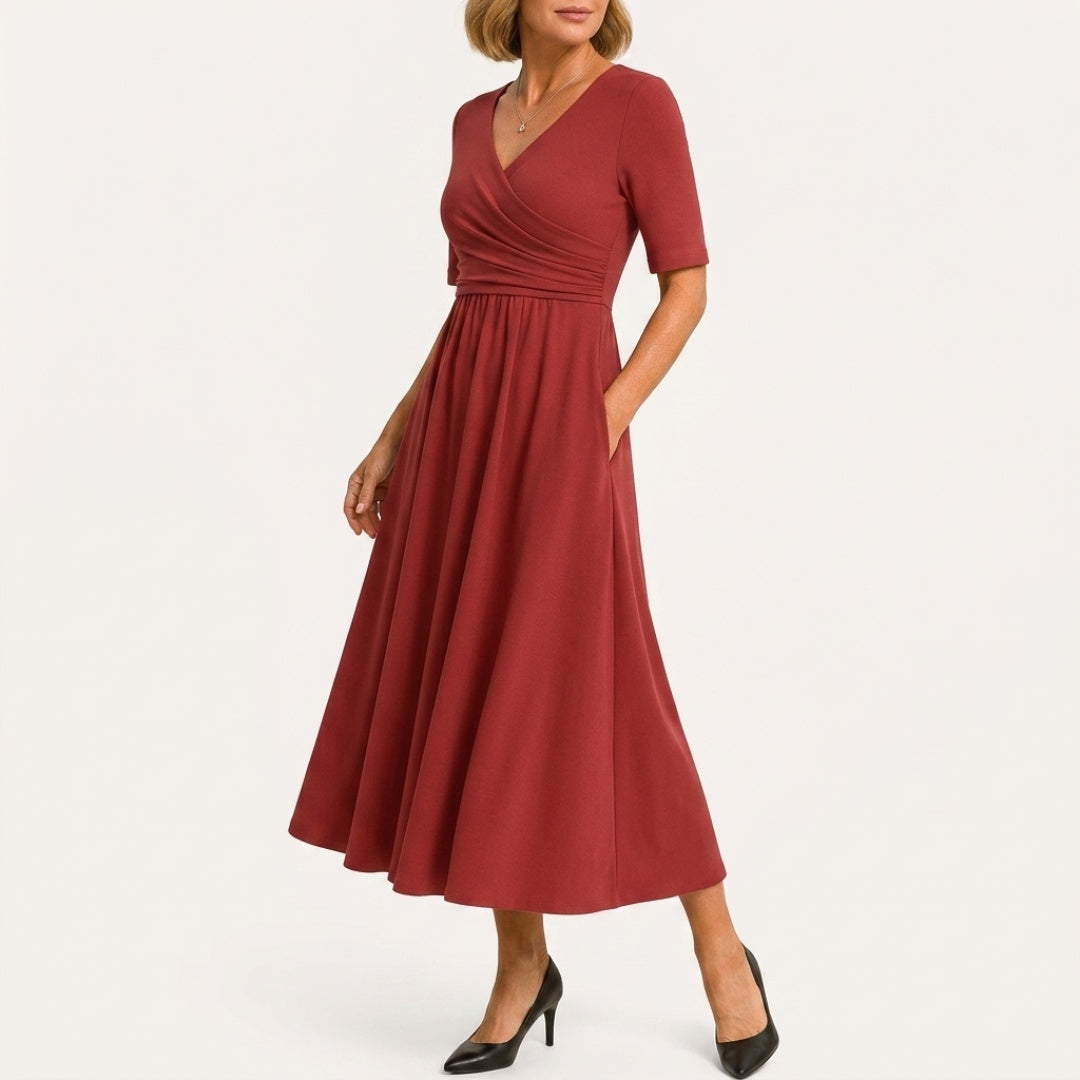 Women's Wedding Guest Midi Dress with V-Neck and Wrap Front