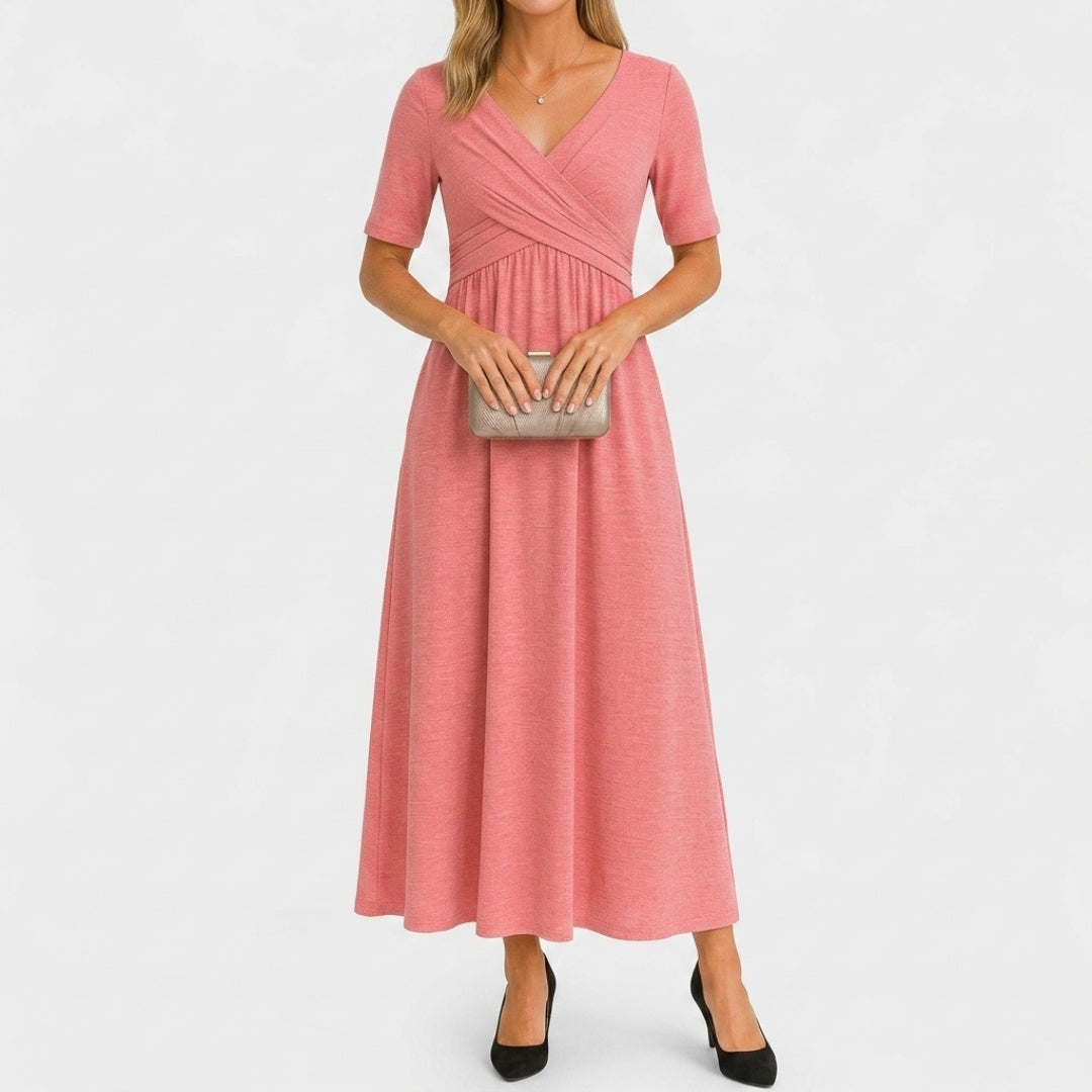 Women's Wedding Guest Midi Dress with V-Neck and Wrap Front