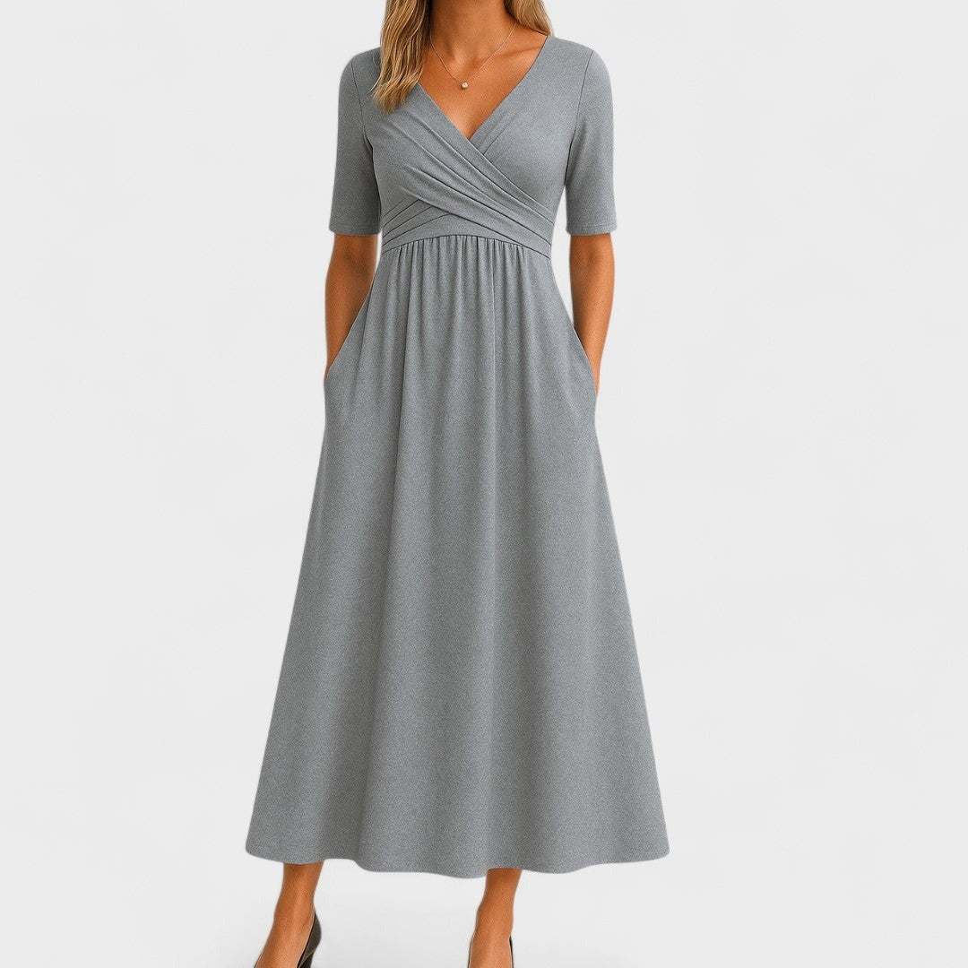 Women's Wedding Guest Midi Dress with V-Neck and Wrap Front