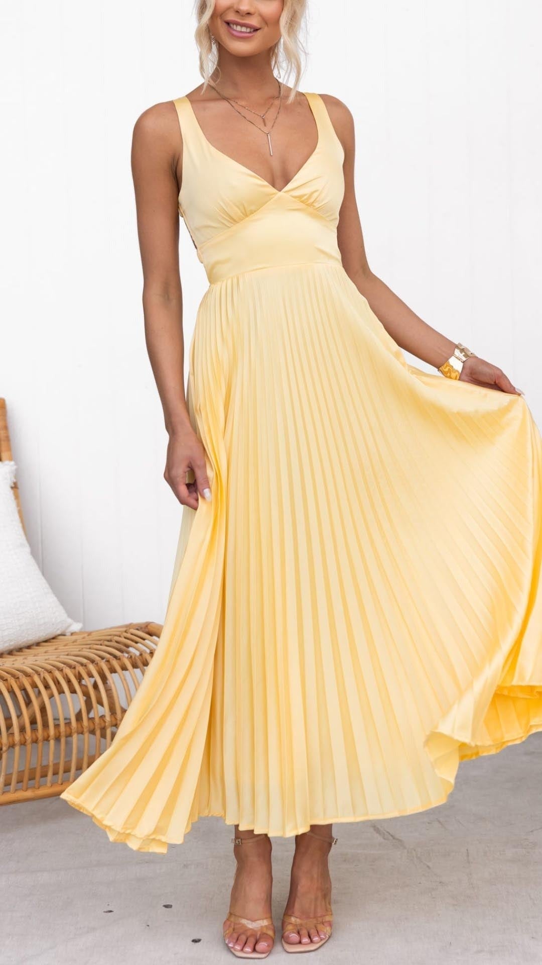 Women's Wedding Guest Pleated Maxi Dress with Open Back