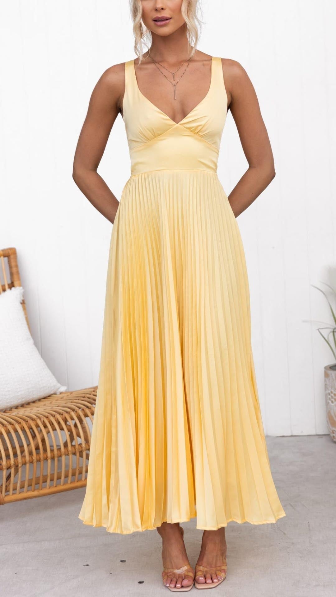 Women's Wedding Guest Pleated Maxi Dress with Open Back