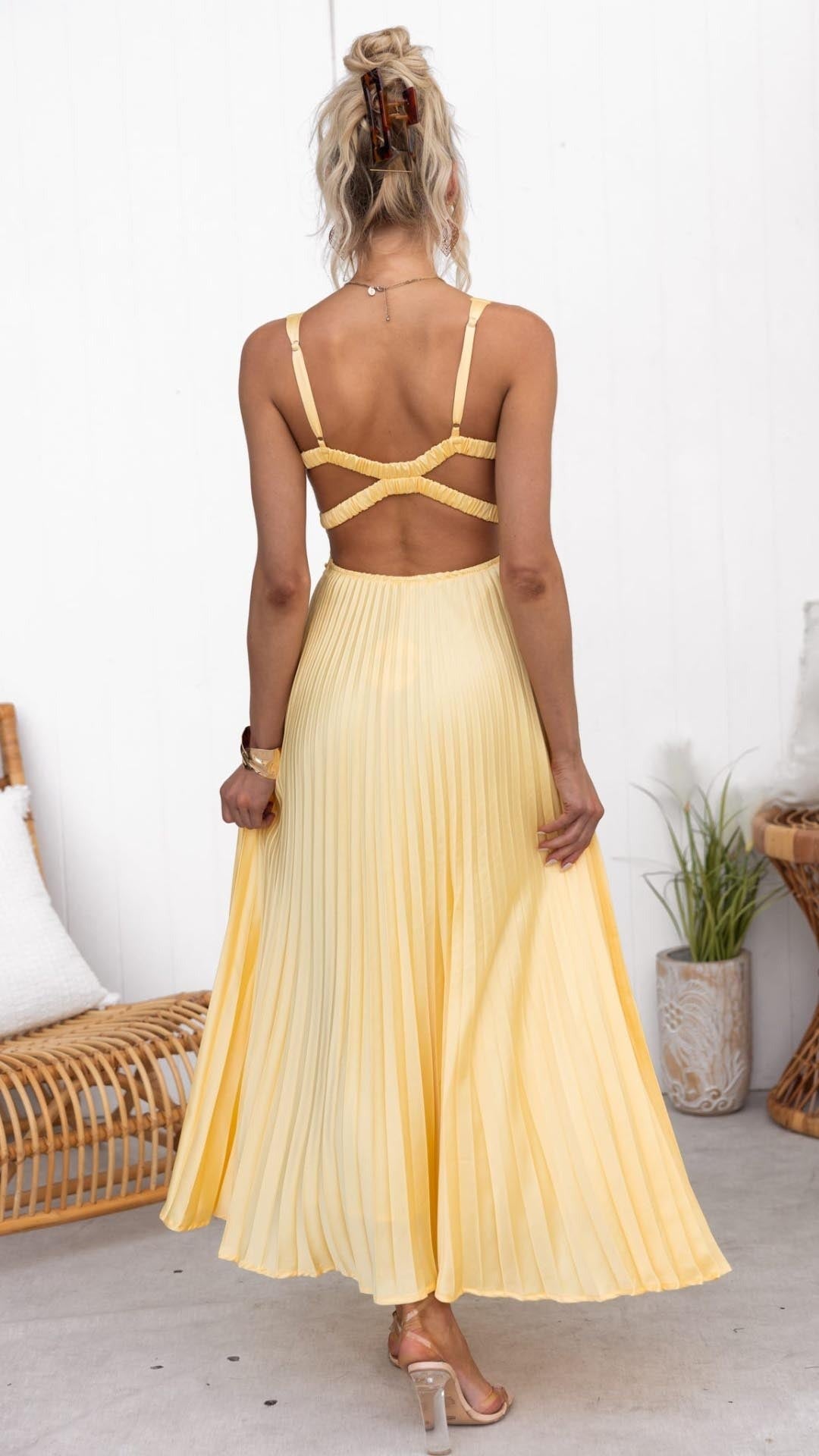 Women's Wedding Guest Pleated Maxi Dress with Open Back