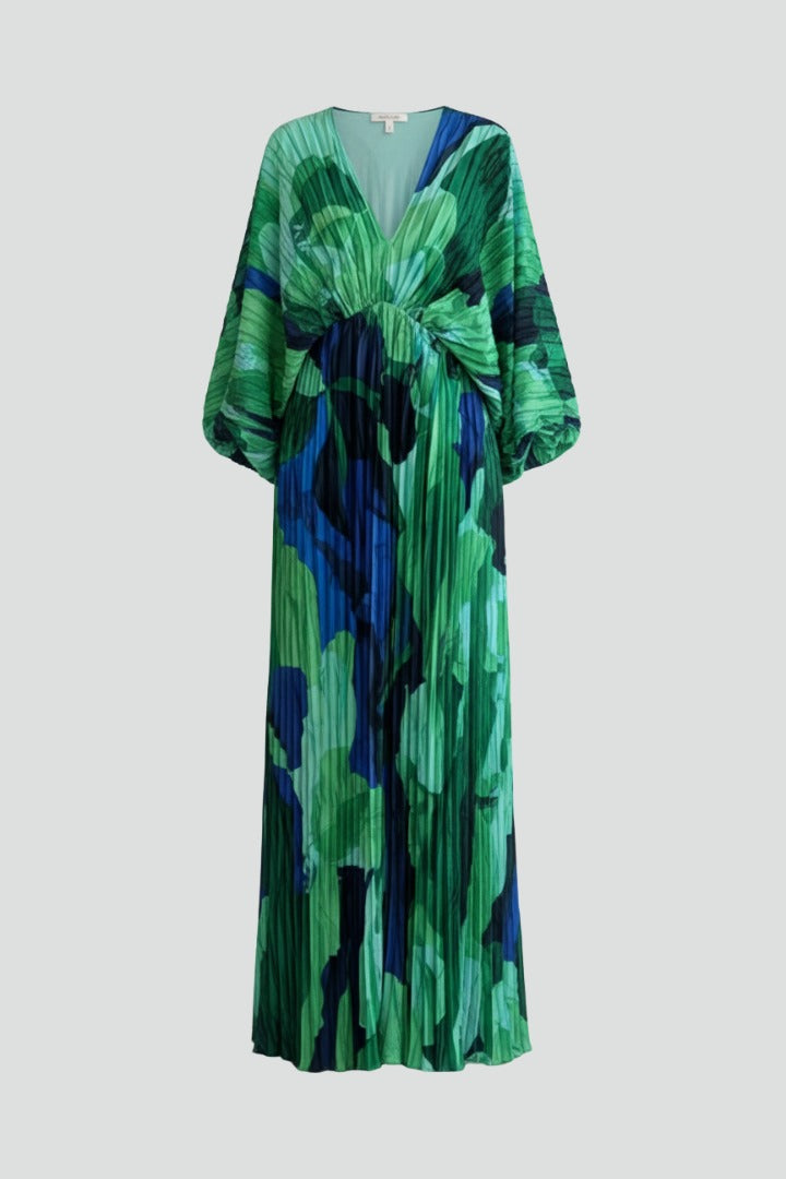 Women's Wedding Guest Pleated Maxi Dress with V-Neck and Puff Sleeves