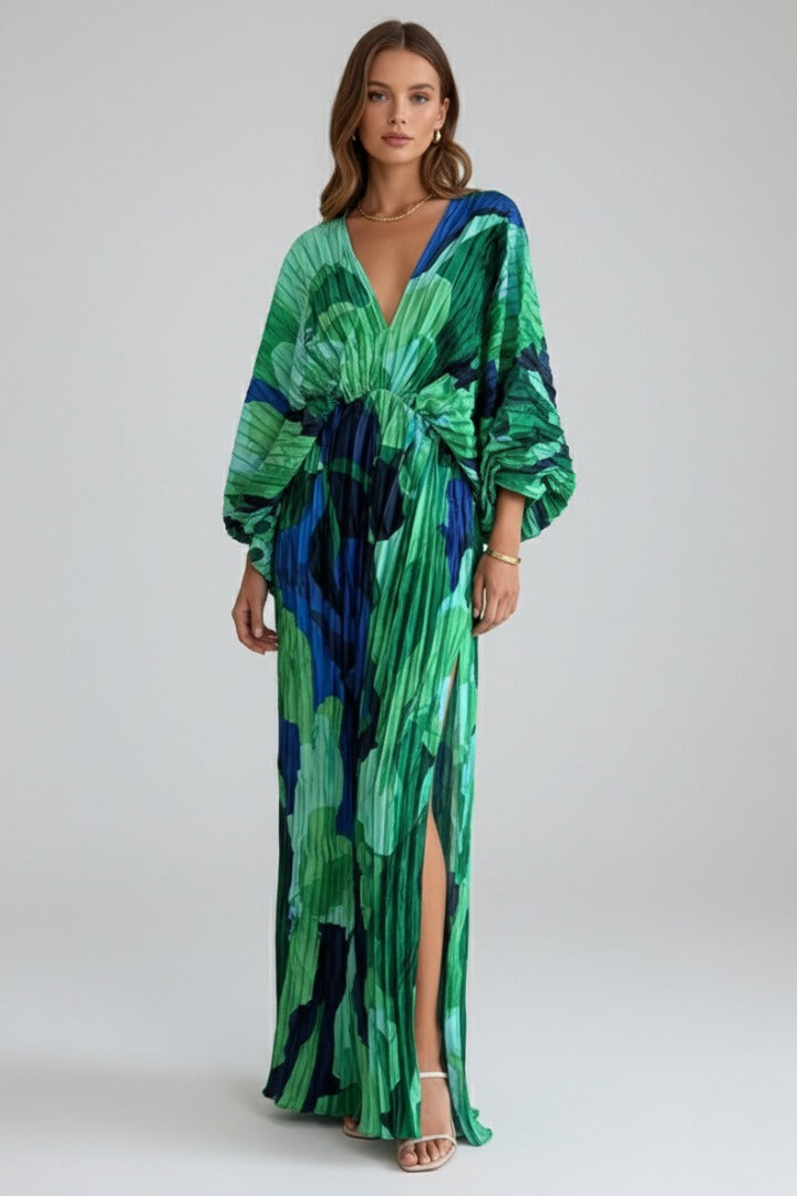Women's Wedding Guest Pleated Maxi Dress with V-Neck and Puff Sleeves