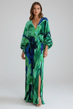 Women's Wedding Guest Pleated Maxi Dress with V-Neck and Puff Sleeves