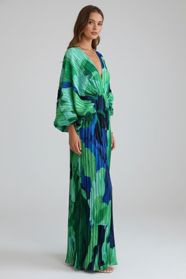 Women's Wedding Guest Pleated Maxi Dress with V-Neck and Puff Sleeves