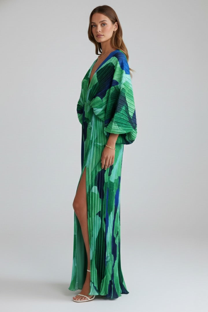 Women's Wedding Guest Pleated Maxi Dress with V-Neck and Puff Sleeves