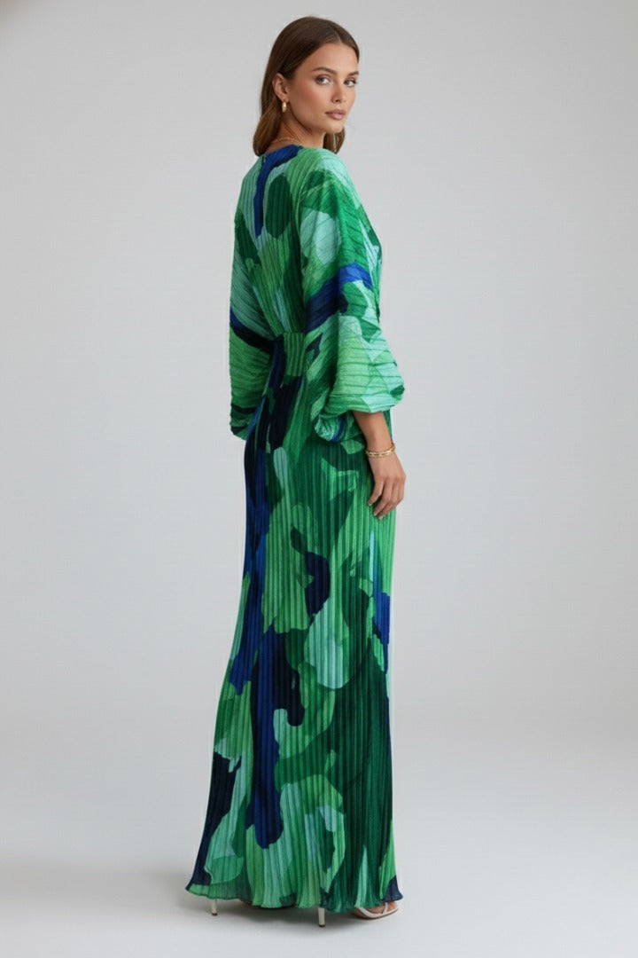 Women's Wedding Guest Pleated Maxi Dress with V-Neck and Puff Sleeves