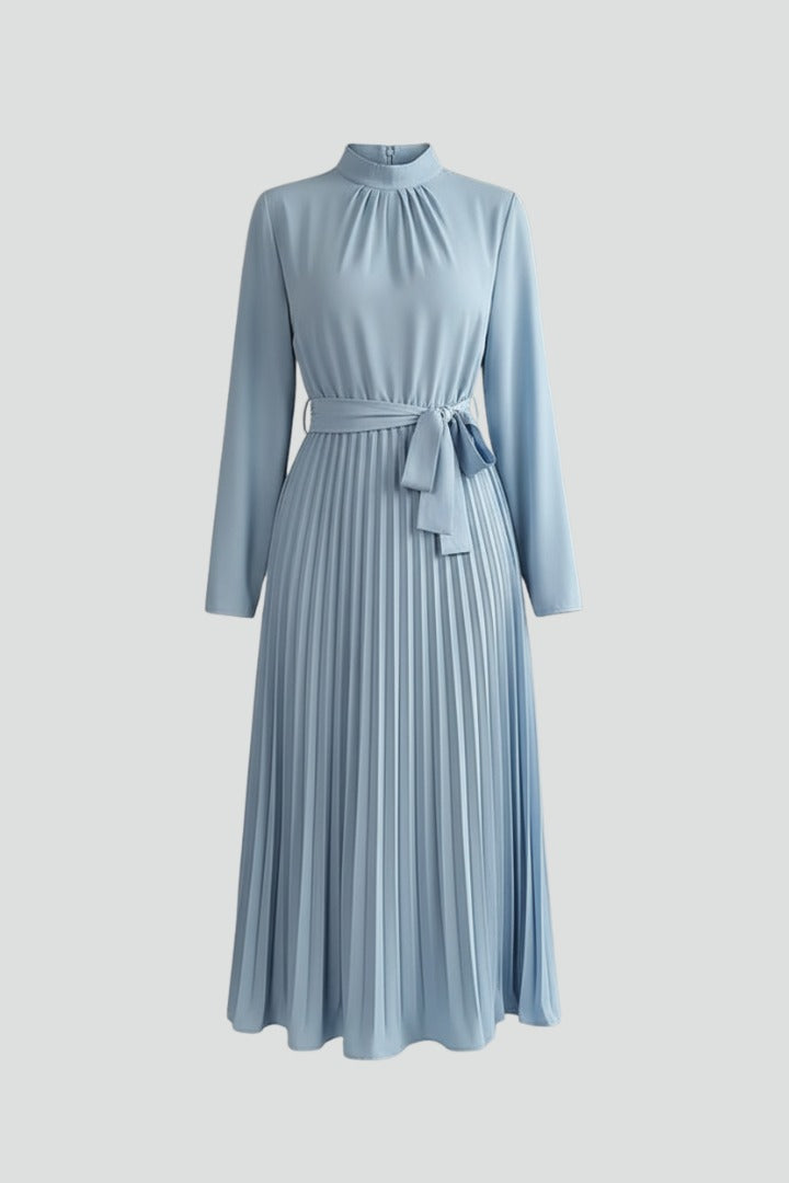 Women's Wedding Guest Pleated Midi Dress with High Neck and Bow Belt