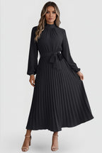 Women's Wedding Guest Pleated Midi Dress with High Neck and Bow Belt