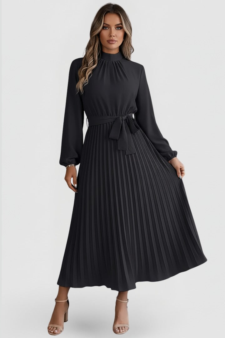 Women's Wedding Guest Pleated Midi Dress with High Neck and Bow Belt