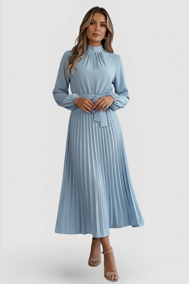 Women's Wedding Guest Pleated Midi Dress with High Neck and Bow Belt