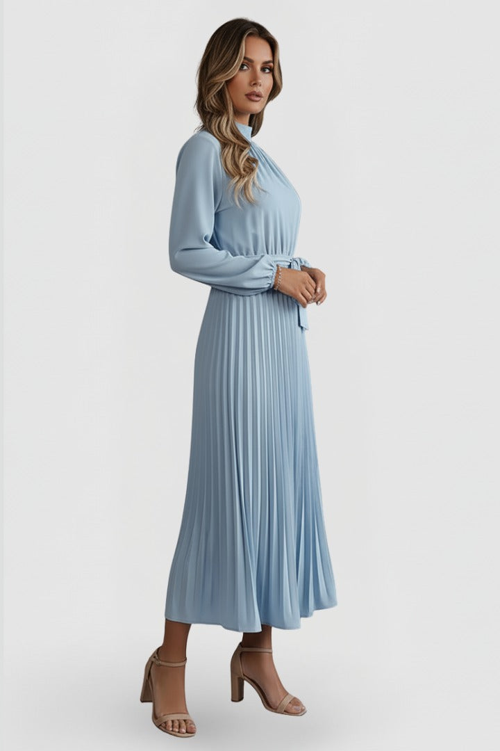 Women's Wedding Guest Pleated Midi Dress with High Neck and Bow Belt