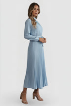 Women's Wedding Guest Pleated Midi Dress with High Neck and Bow Belt