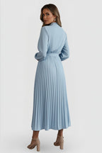 Women's Wedding Guest Pleated Midi Dress with High Neck and Bow Belt
