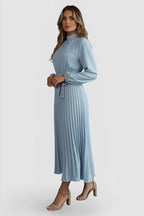 Women's Wedding Guest Pleated Midi Dress with High Neck and Bow Belt