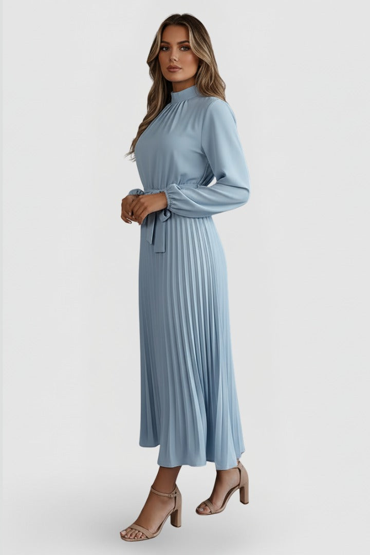 Women's Wedding Guest Pleated Midi Dress with High Neck and Bow Belt