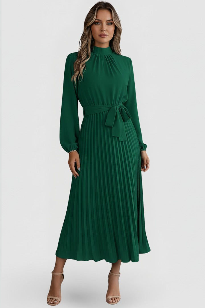 Women's Wedding Guest Pleated Midi Dress with High Neck and Bow Belt