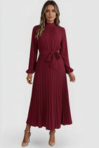 Women's Wedding Guest Pleated Midi Dress with High Neck and Bow Belt