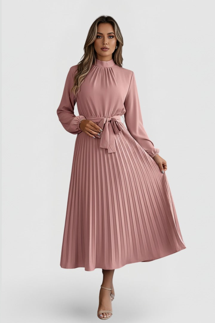 Women's Wedding Guest Pleated Midi Dress with High Neck and Bow Belt