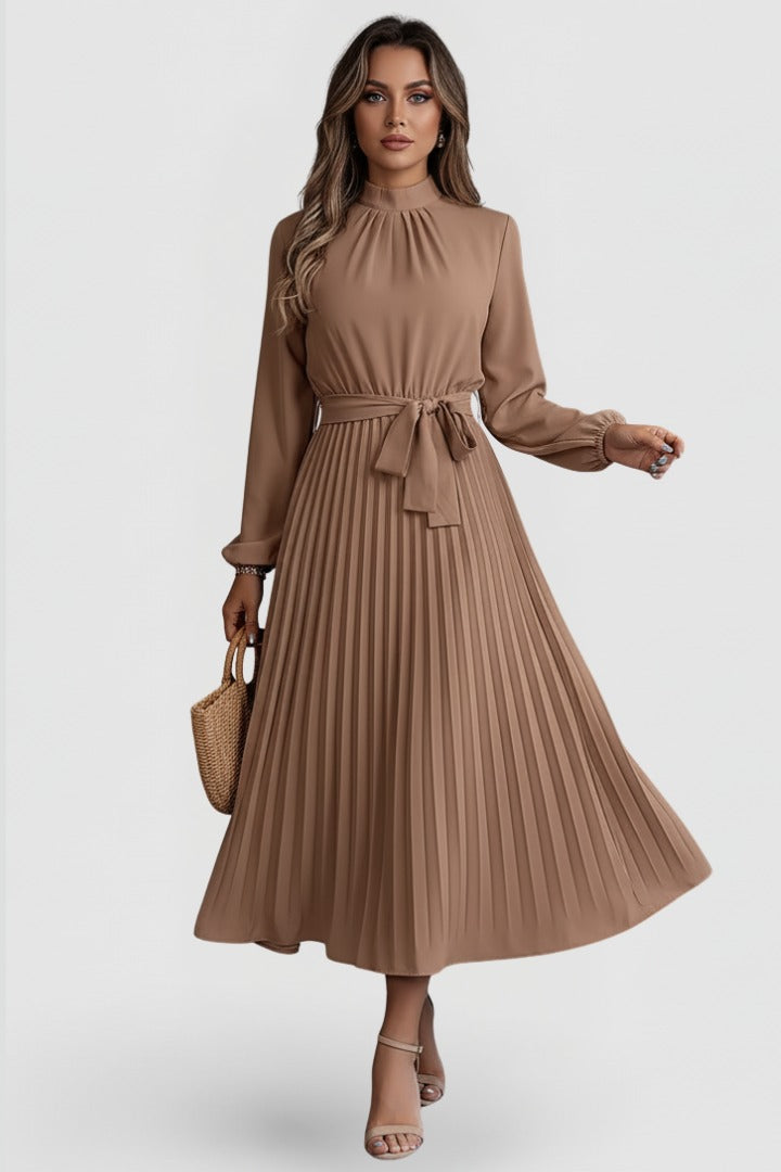 Women's Wedding Guest Pleated Midi Dress with High Neck and Bow Belt