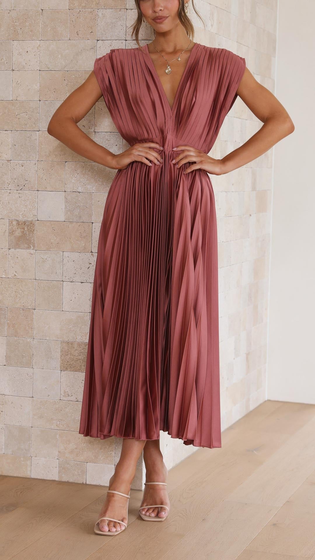 Women's Wedding Guest Pleated Midi Dress with V-Neck