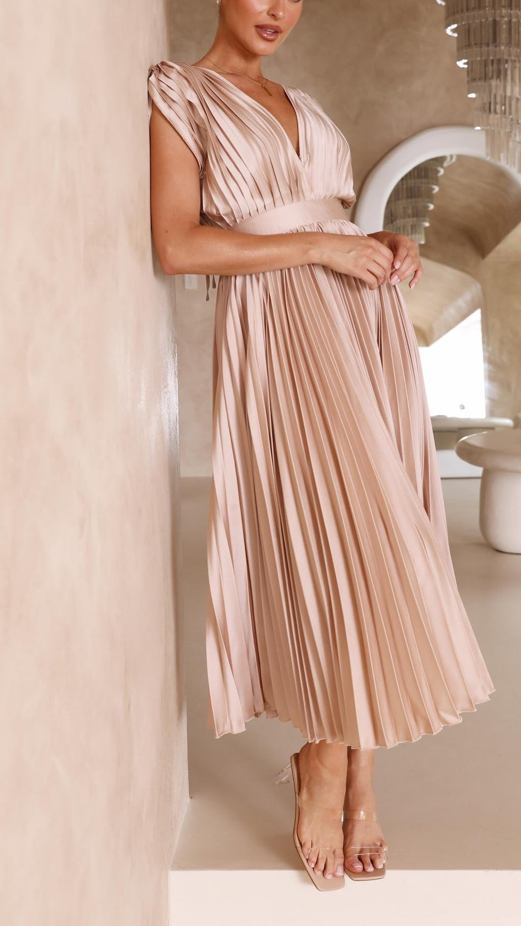 Women's Wedding Guest Pleated Midi Dress with V-Neck