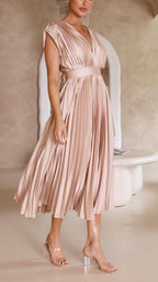 Women's Wedding Guest Pleated Midi Dress with V-Neck