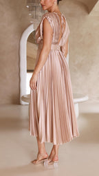 Women's Wedding Guest Pleated Midi Dress with V-Neck