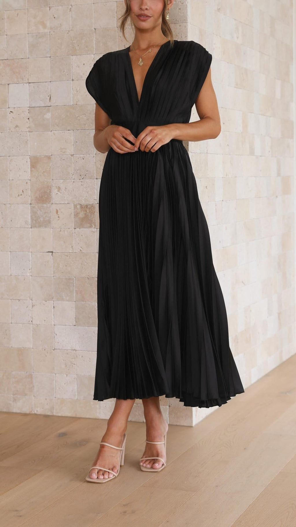 Women's Wedding Guest Pleated Midi Dress with V-Neck