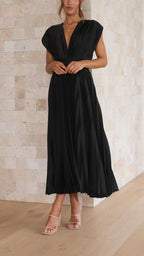 Women's Wedding Guest Pleated Midi Dress with V-Neck