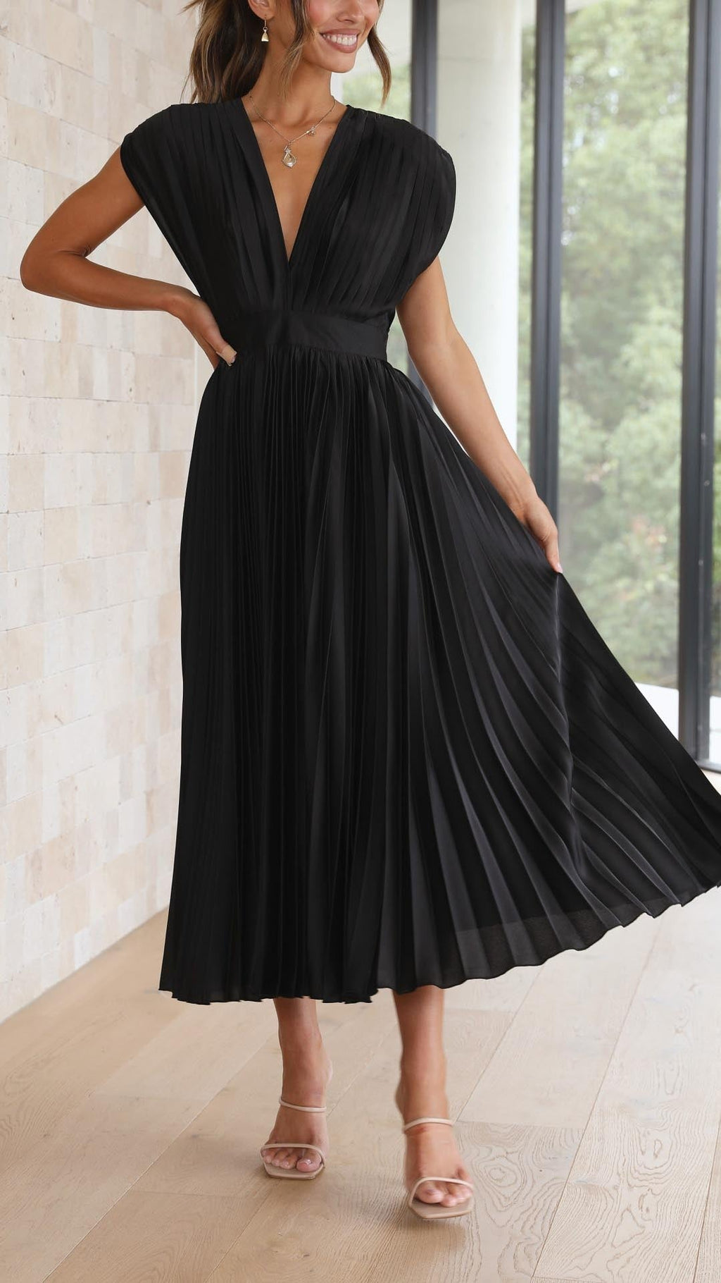 Women's Wedding Guest Pleated Midi Dress with V-Neck
