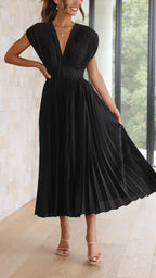 Women's Wedding Guest Pleated Midi Dress with V-Neck