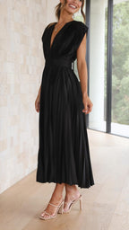 Women's Wedding Guest Pleated Midi Dress with V-Neck