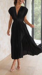 Women's Wedding Guest Pleated Midi Dress with V-Neck