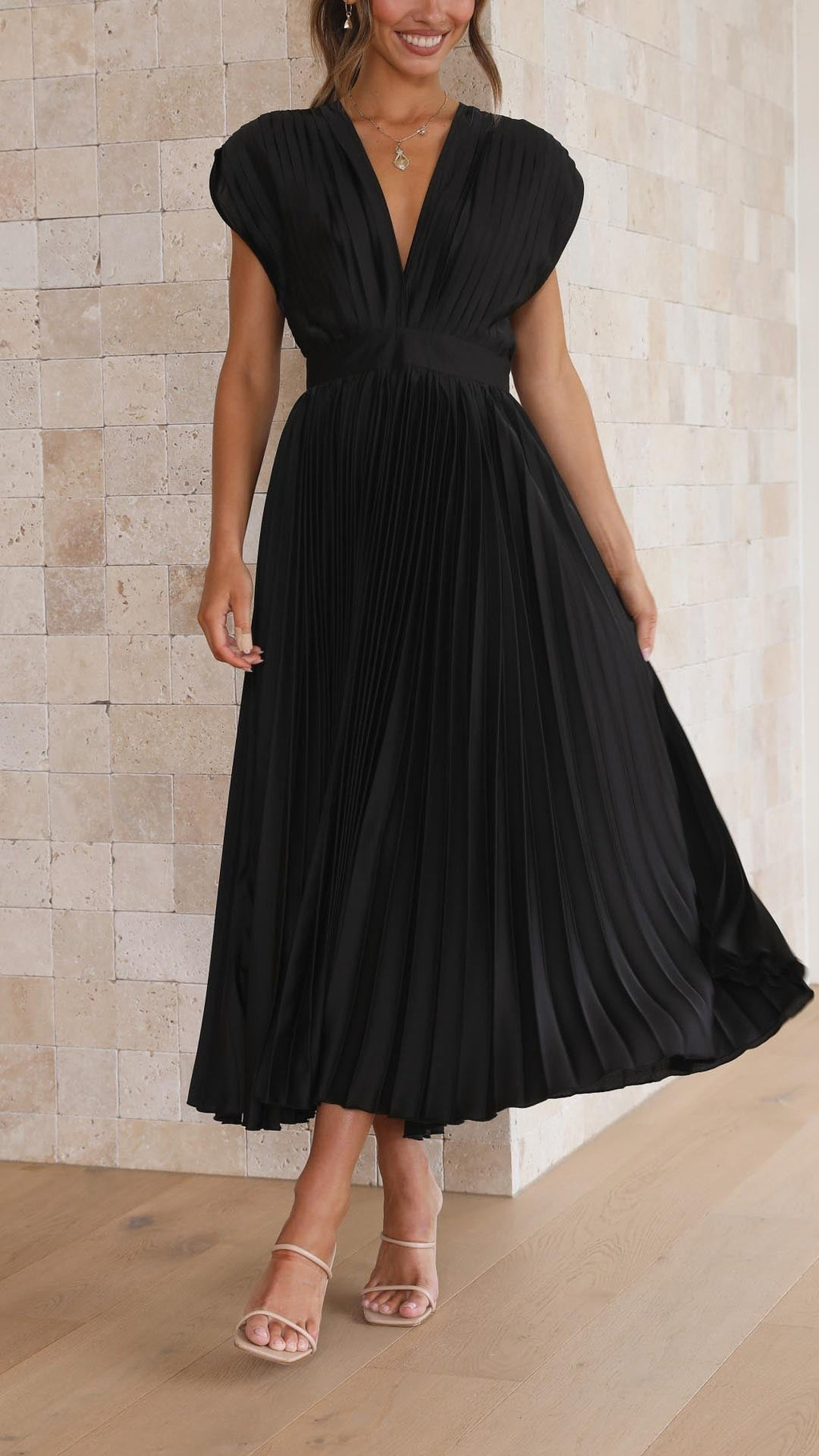 Women's Wedding Guest Pleated Midi Dress with V-Neck