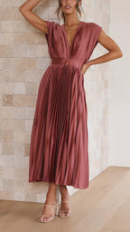 Women's Wedding Guest Pleated Midi Dress with V-Neck