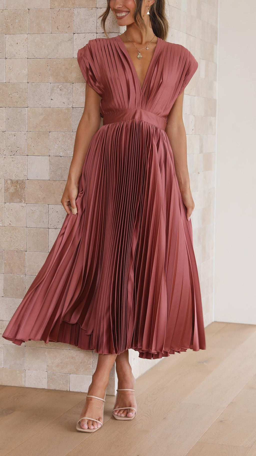 Women's Wedding Guest Pleated Midi Dress with V-Neck