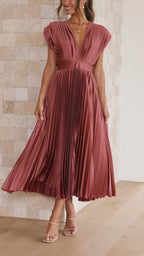 Women's Wedding Guest Pleated Midi Dress with V-Neck