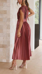 Women's Wedding Guest Pleated Midi Dress with V-Neck