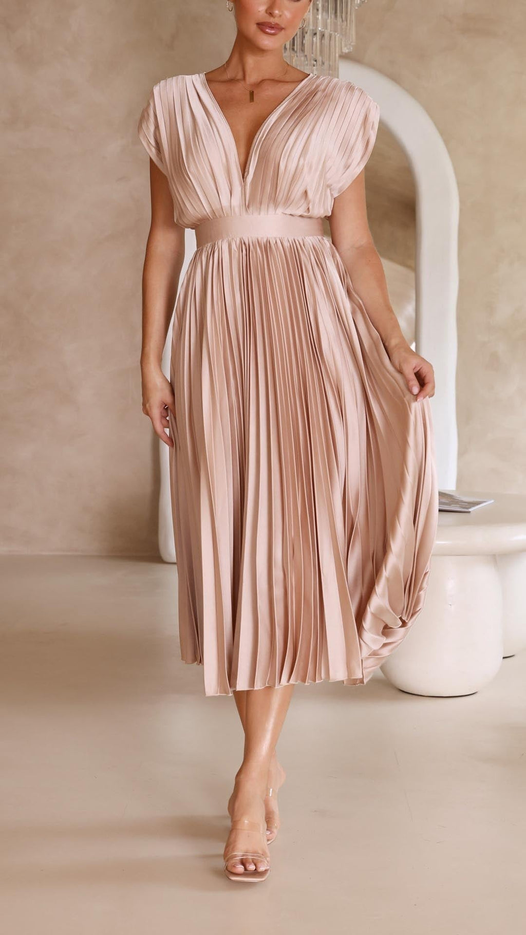 Women's Wedding Guest Pleated Midi Dress with V-Neck
