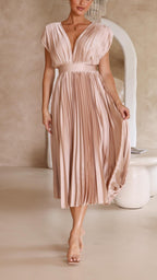 Women's Wedding Guest Pleated Midi Dress with V-Neck
