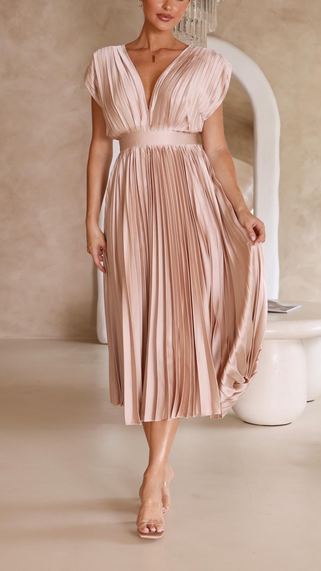 Women's Wedding Guest Pleated Midi Dress with V-Neck