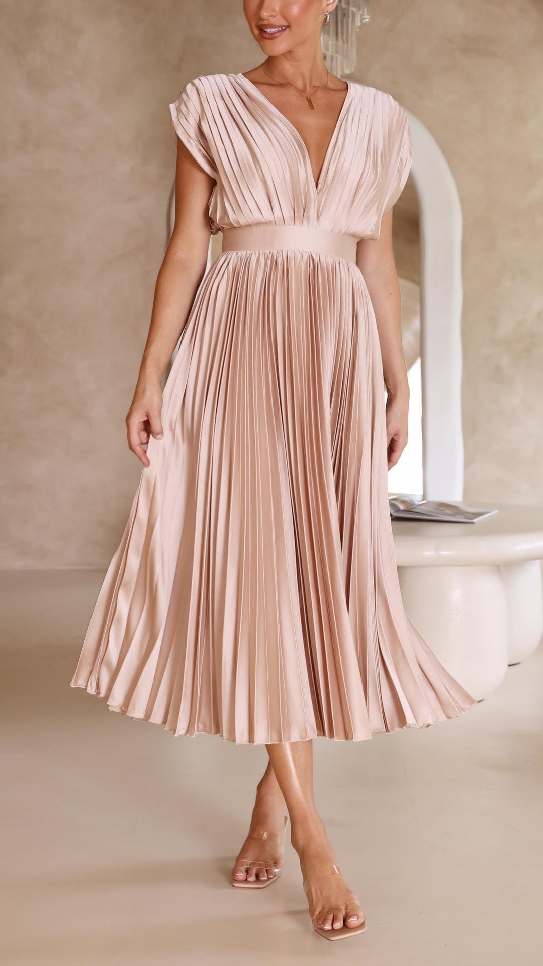 Women's Wedding Guest Pleated Midi Dress with V-Neck