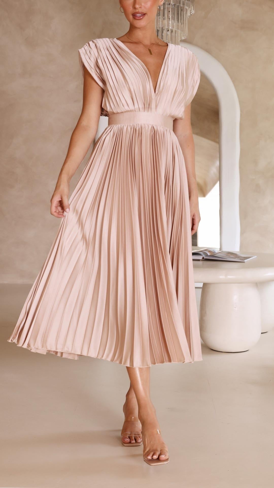Women's Wedding Guest Pleated Midi Dress with V-Neck