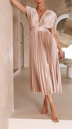 Women's Wedding Guest Pleated Midi Dress with V-Neck