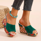 Women's Wedge Mule Sandals with Open Toe and Floral Print Platform